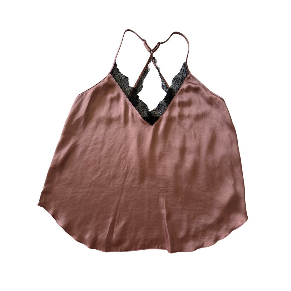 MIOU MUSE Women’s Satin Cami Top Dusty Rose/Brown Lace Trim V-Neck Sz S